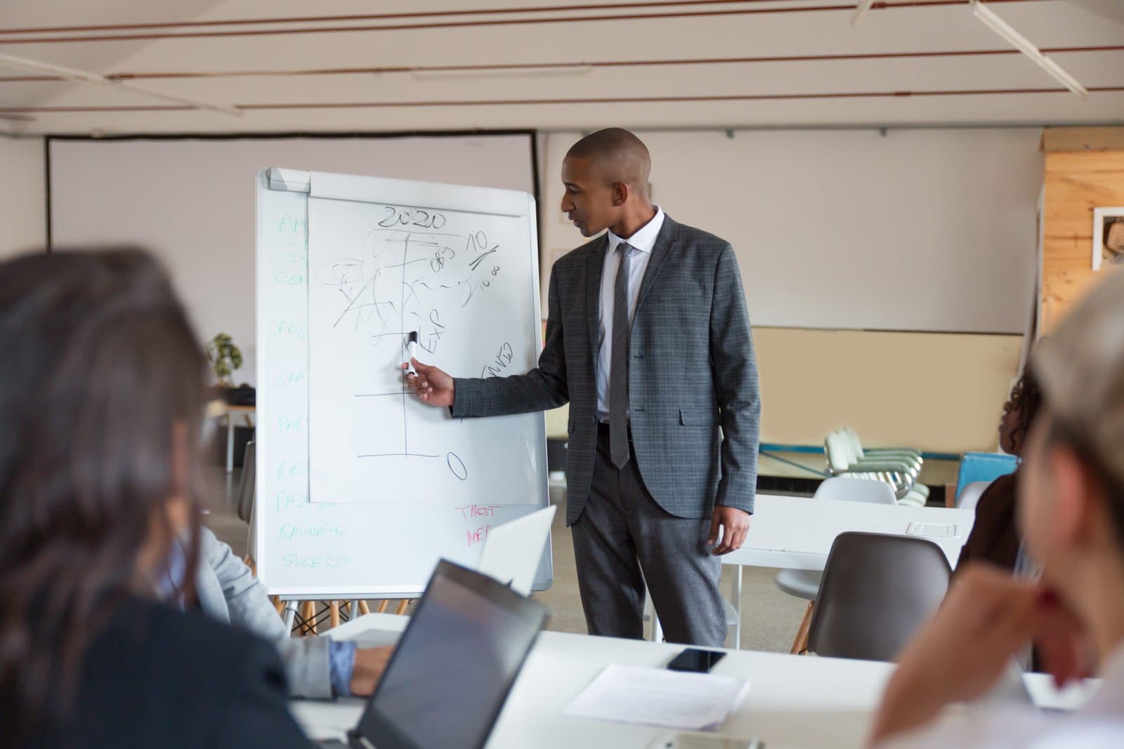 Un conseiller présentant une analyse devant un tableau